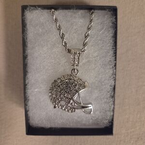 SILVER RHINESTONE FOOTBALL HELMET PENDANT NECKLACE